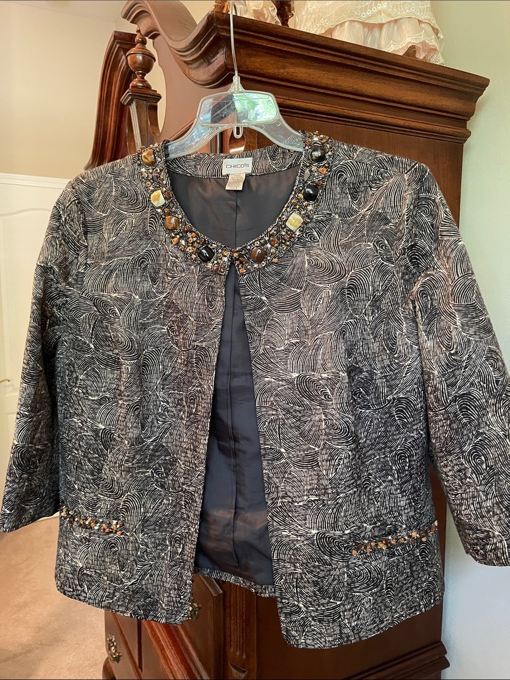 Chico's Black & White Embellished Open-Front Jacket